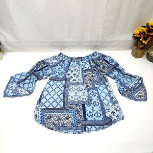 Westport Boho Peasant Medium Top Floral Patchwork Smocked Neckline Bell Sleeves